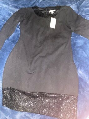 Michael Kors Black Long Sleeve Sequin Hem Dress New with tag